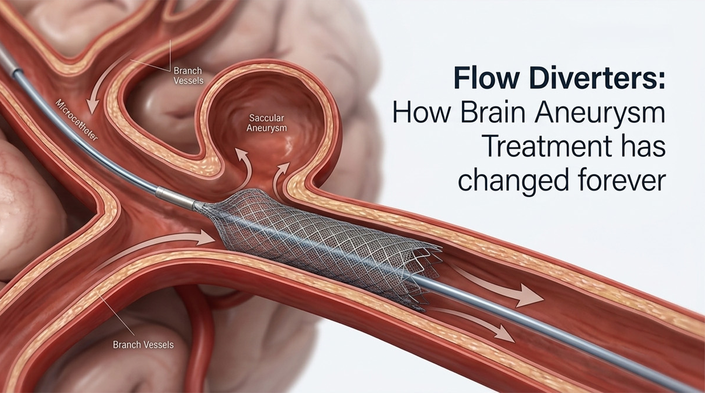 Densely braided flow diverter mesh placed across an aneurysm neck | SurgeonsLab